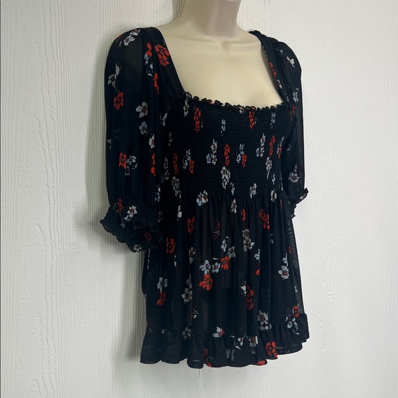 Free People - Delta Dawn Midnight Combo Colorful Floral Mesh Blouse SZ Medium - Picture 3 of 10